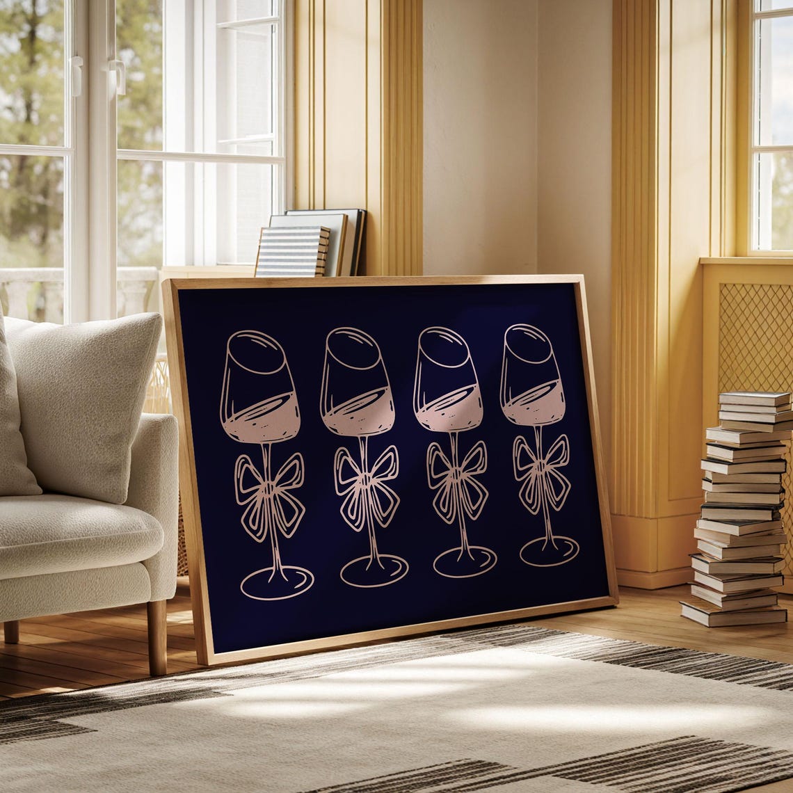 Wine Glasses With Pink Bows Navy Blue Minimalist Line Art Poster - Image 3