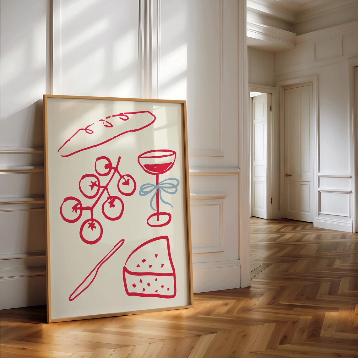 Dinner Party Food Illustration Poster Red Line Art Baguette Wine Cheese - Image 2