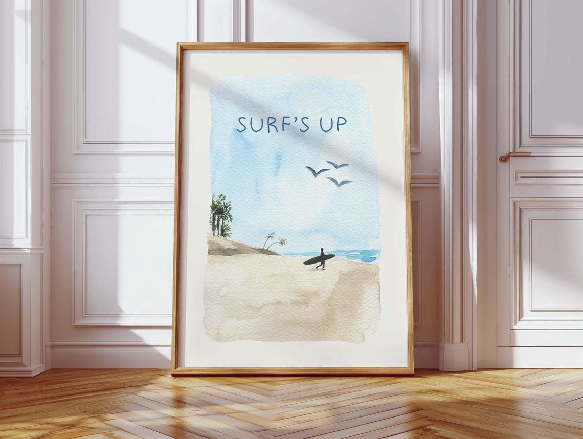 Trendy Surfs Up Watercolor Beach Surfer Silhouette Coastal Print - Image 3