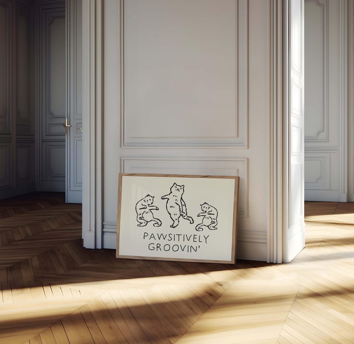 Pawsitively Groovin Cute Dancing Cats Retro Black Line Art Poster - Image 3