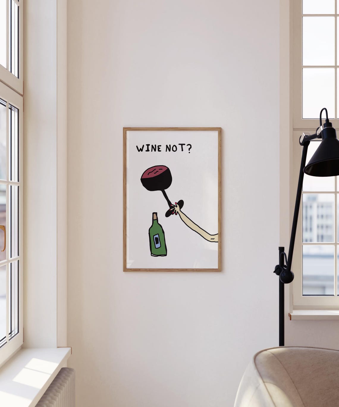 Wine Not Funny Hand Drawn Wine Glass Pun Kitchen Decor Poster