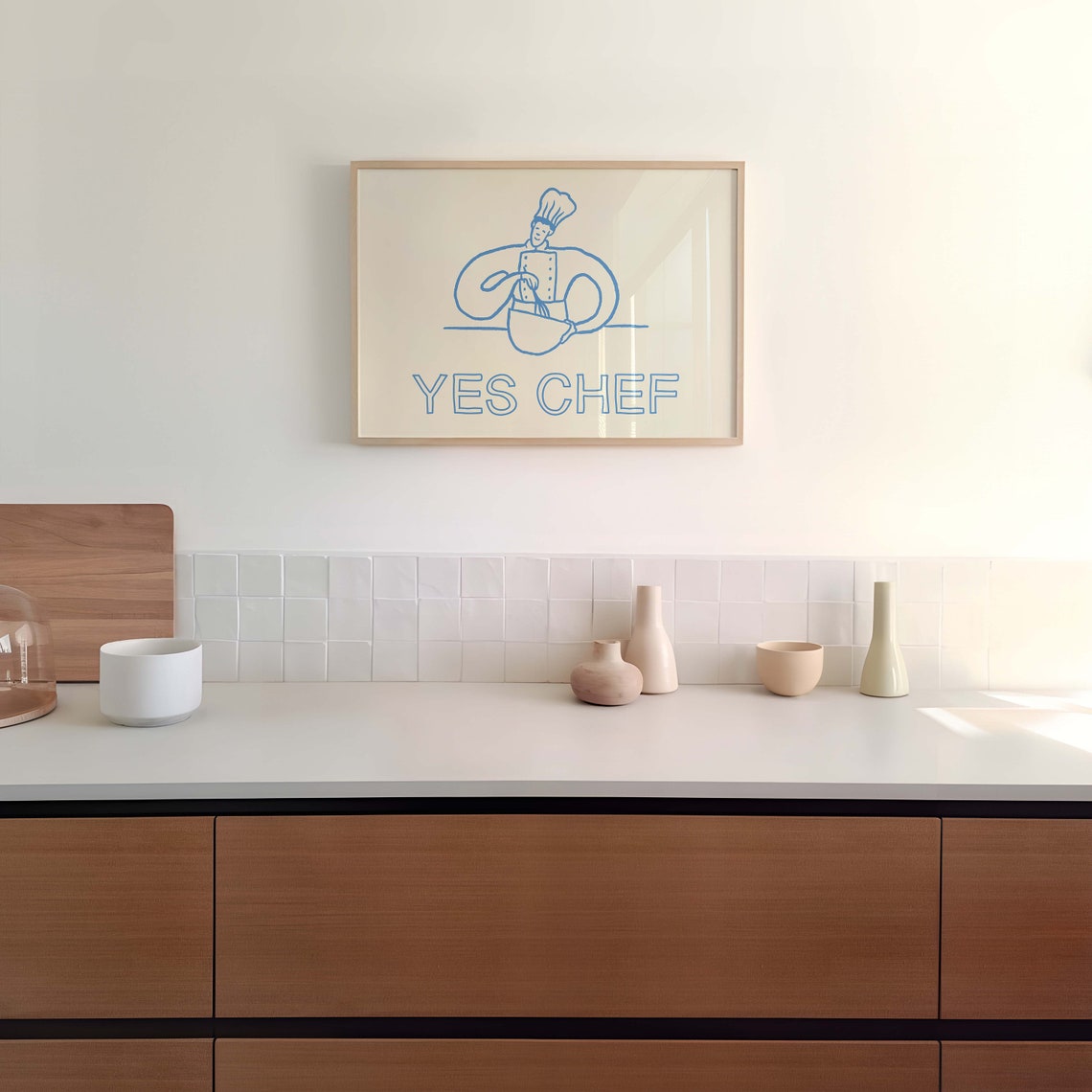 Yes Chef Blue Chef Cooking Line Art French Kitchen Quote Poster - Image 3