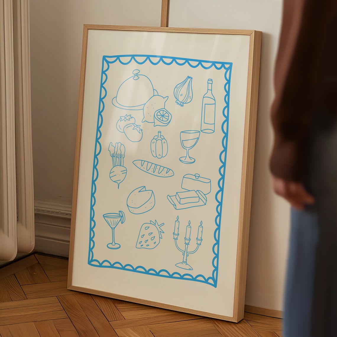 Blue Line Art Dinner Party Icons Scalloped Border Kitchen Poster - Image 4