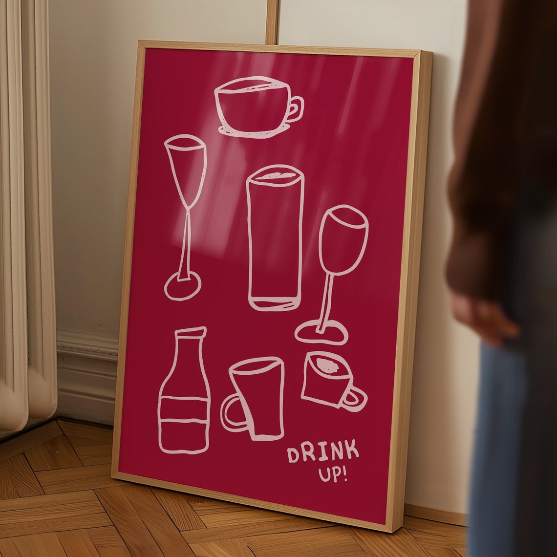 Red Drink Up Cream Line Art Cocktail Glasses Bar Decor Poster - Image 5