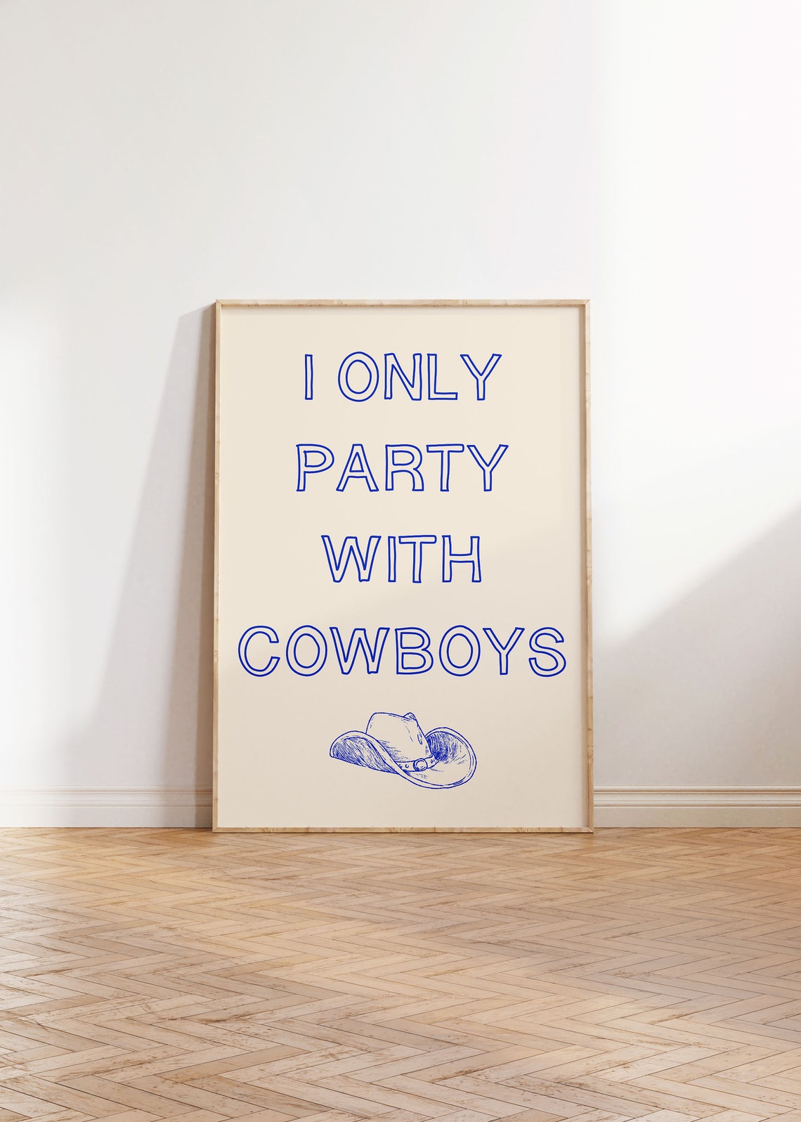 I Only Party With Cowboys Blue Outline Typography Western Art Poster - Image 3