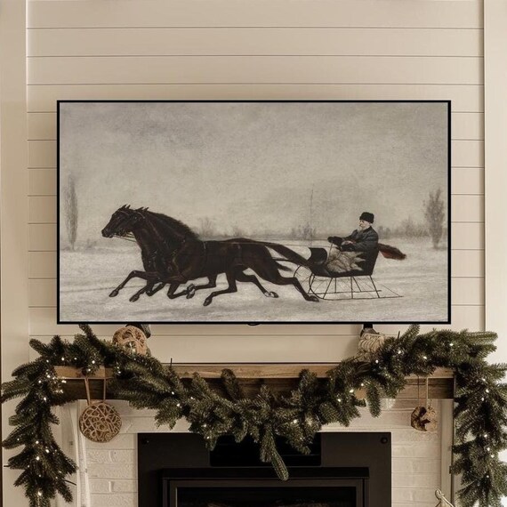 Winter Horse Drawn Sleigh Ride Through Snow Vintage Painting Art Poster