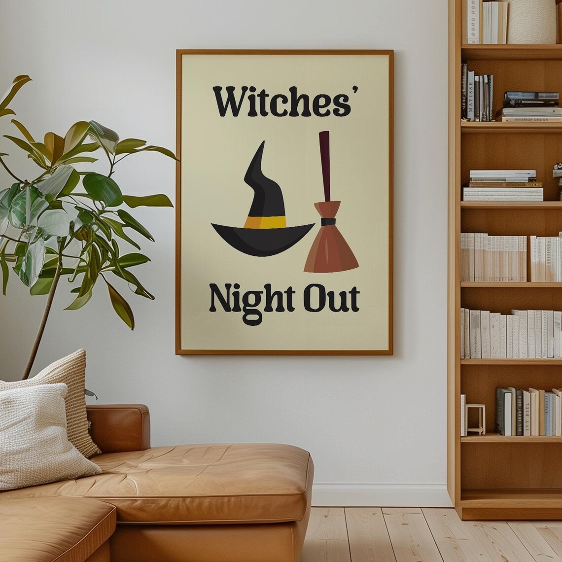 Witches Night Out Witch Hat And Broom Retro Illustration Halloween Poster
