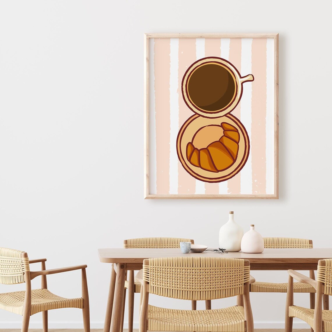 Coffee And Croissant Minimalist Line Art Blush Pink Breakfast Poster
