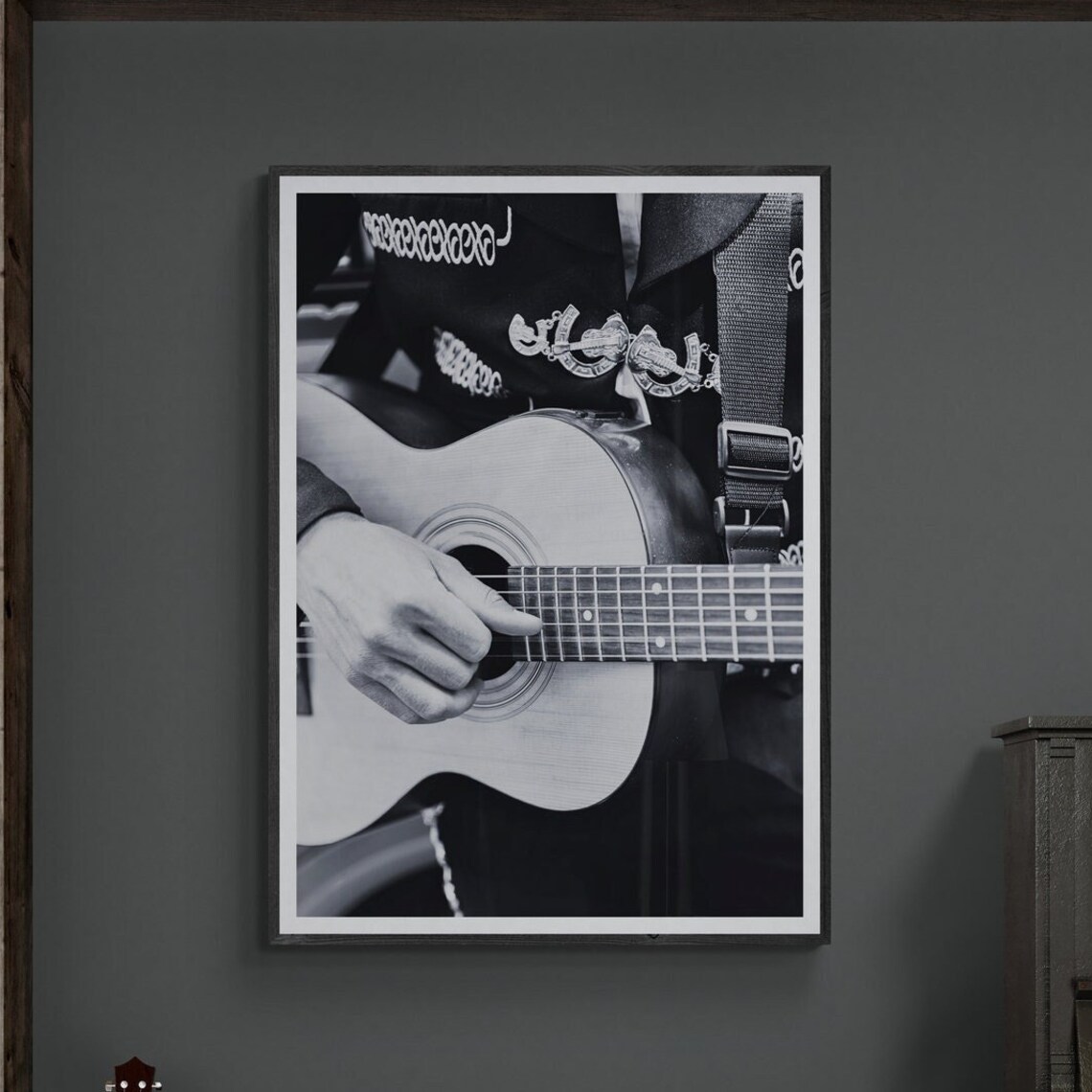 Mariachi Guitarist Black and White Acoustic Music Photography Poster