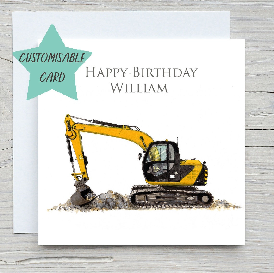 Yellow Excavator Card Personalised Birthday Card Yellow Digger Birthday Card Custom Made Card Childrens Cards