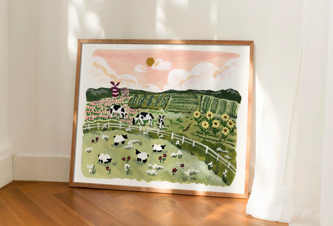 Pasture Painting Holland Landscape with Sheep and Cow - Image 2
