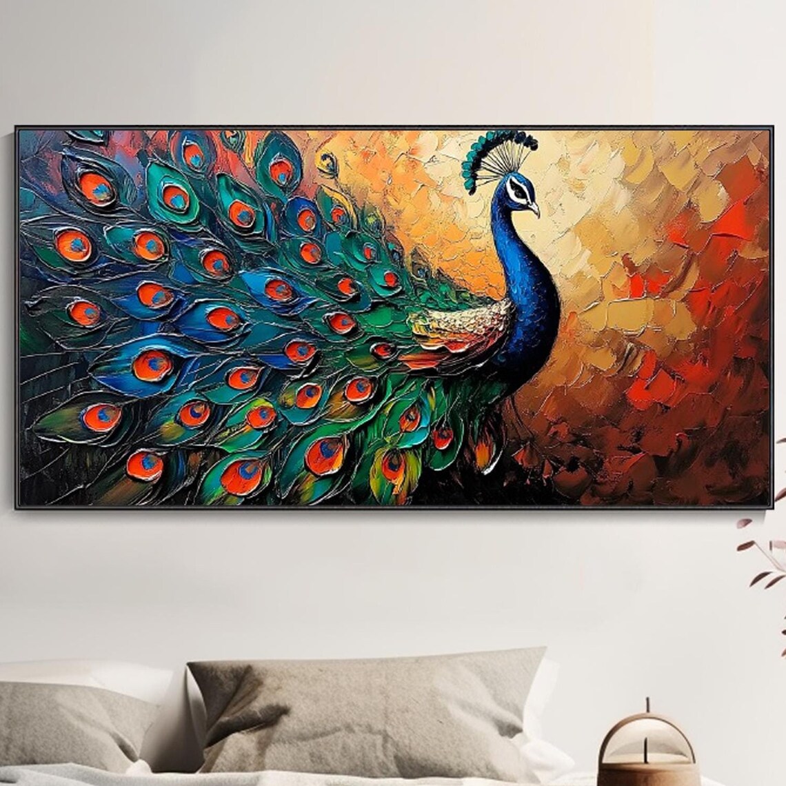 Peacock With Fanned Tail Colorful Textured Animal Art Poster