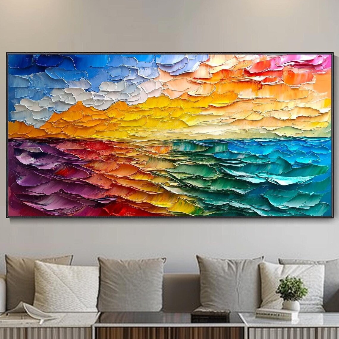 Rainbow Ocean Sunrise Colorful Waves Textured Seascape Poster
