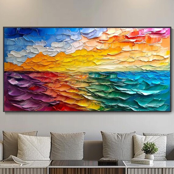 Rainbow Ocean Sunrise Colorful Waves Textured Seascape Poster