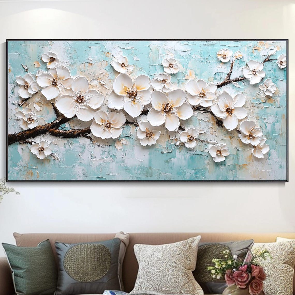 White Cherry Blossoms Branch Textured Spring Floral Art Poster