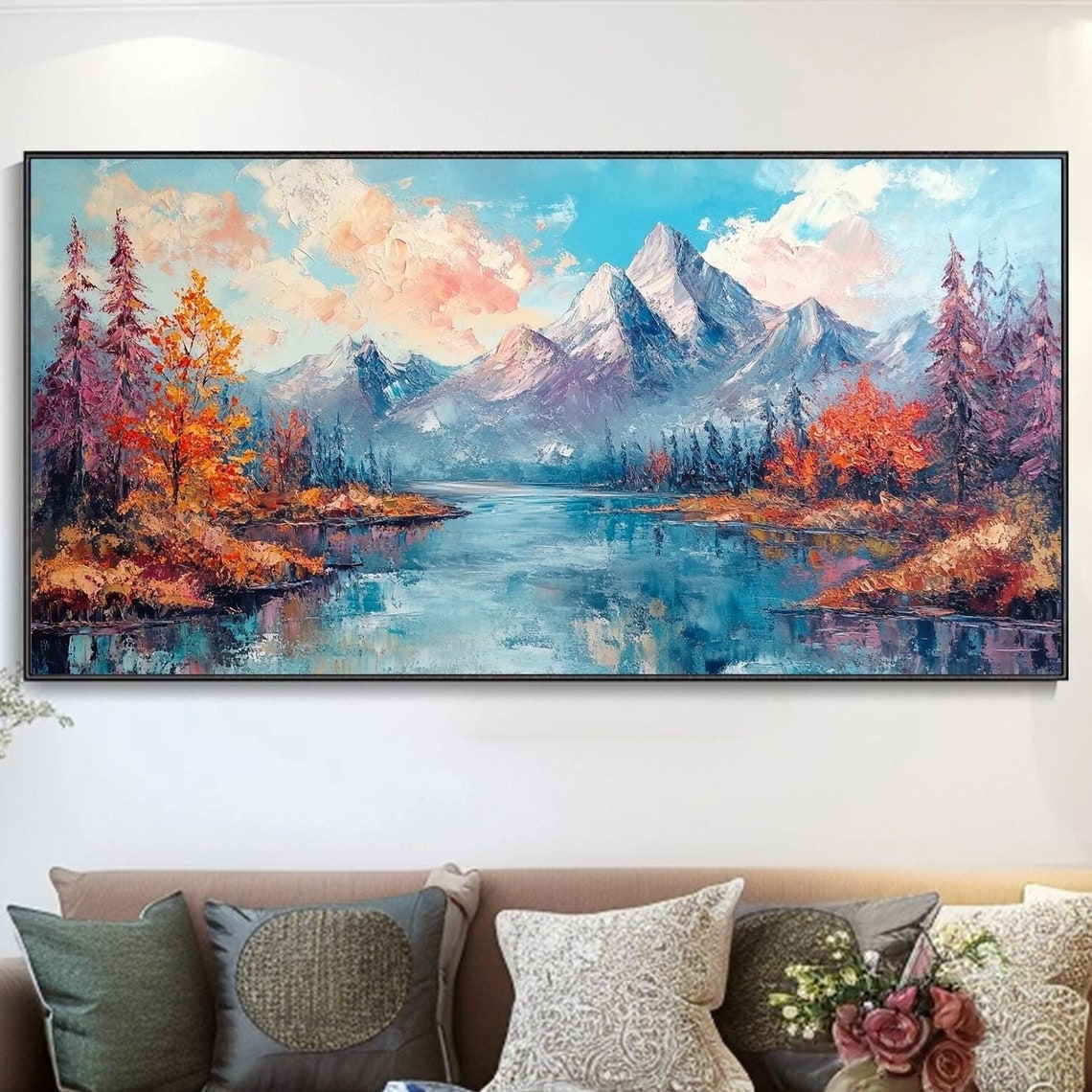 Snowy Mountain Lake With Autumn Trees Scenic Landscape Art Poster