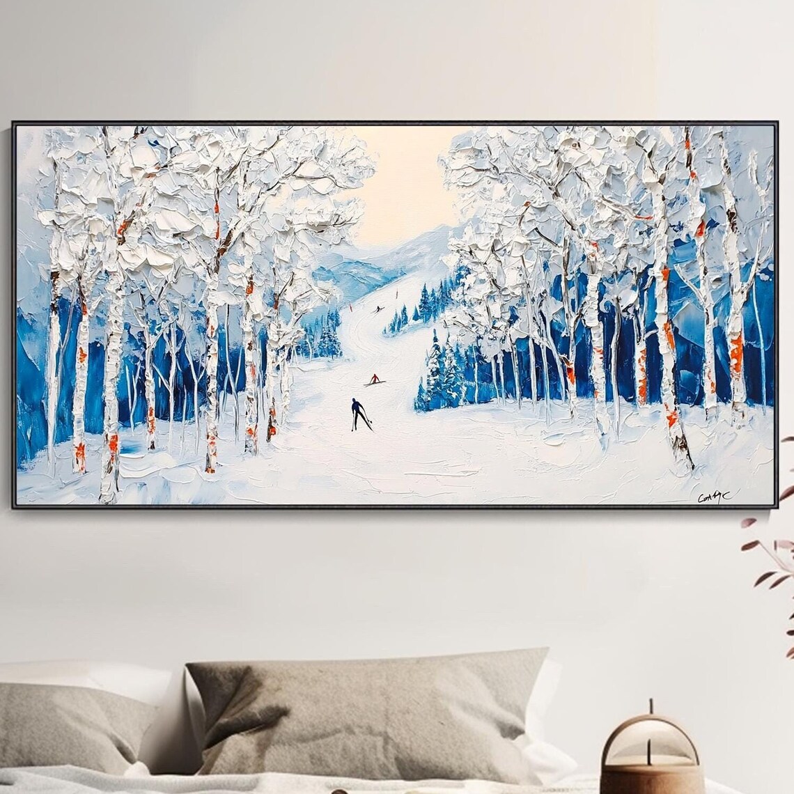 Original Winter Forest Hand Oil Painting Large Snow Skiing Sport Art Abstract Snow Wall Deco Vacation Memorial Gift Fashion Living Room Deco