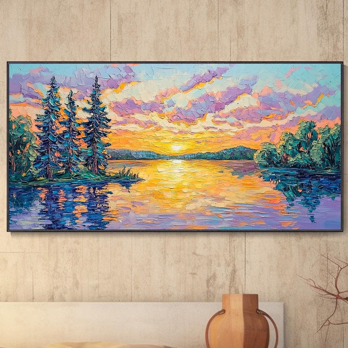 Sunset Lake With Pine Trees Reflections Landscape Art Poster