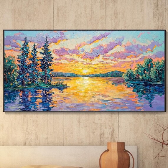 Original Sunrise Oil Painting Interior Decor Forest Lake Scenery Birthday Gift Fashion Home Wall Art Sunny Sunset Painting Creative Hanging