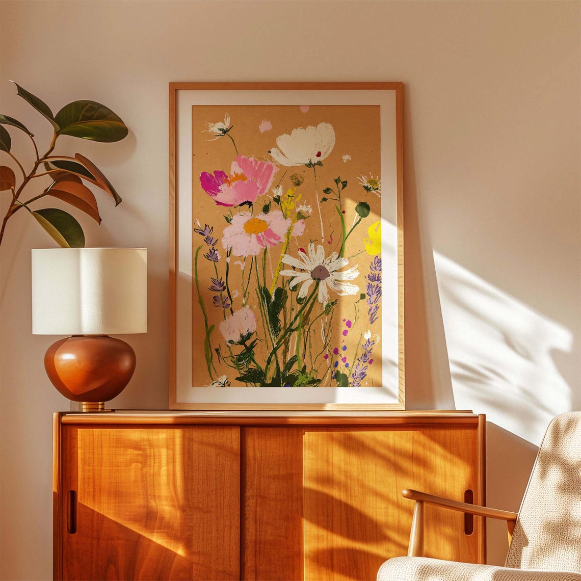 Pink Cosmos Pastel Wildflower Bouquet Black Framed Floral Wall Art - Image 3