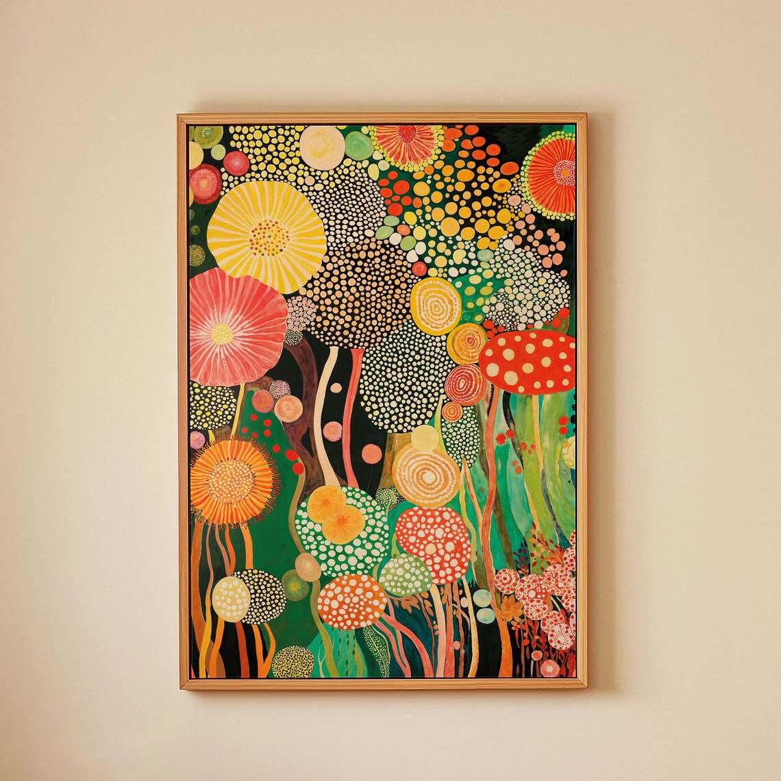 Kusama Inspired Dotted Abstract Flower Garden on Dark Green Print