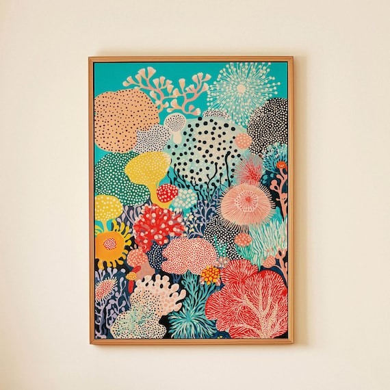 Yayoi Kusama Inspired Artwork Ready To Hang Framed Abstract Wall Decor Kusama Artworks Modern Polka Art Coral Print