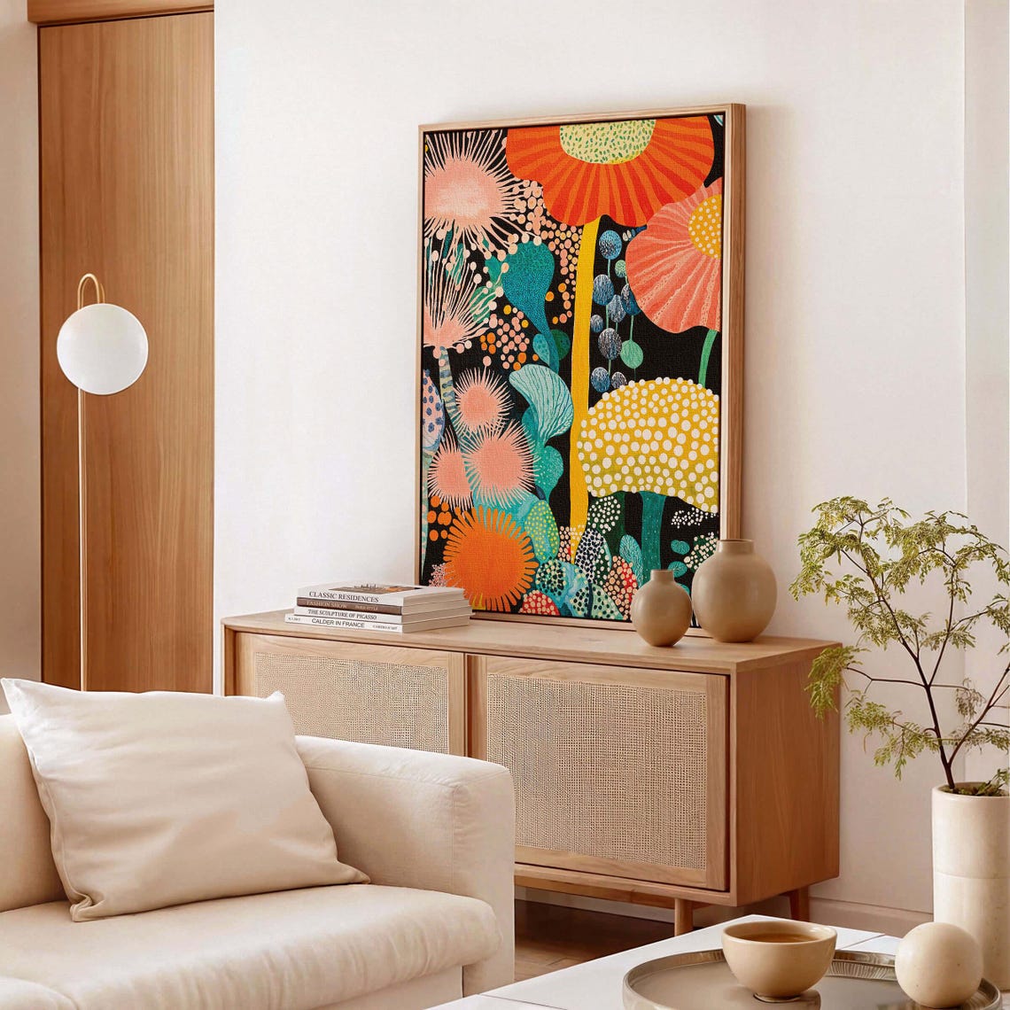 Orange Poppy Coral Daisy Dotted Floral Abstract Poster in Black Frame - Image 3