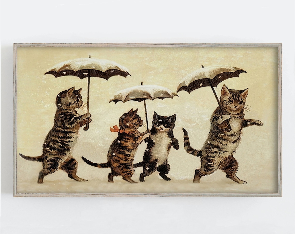 Cats With Umbrellas, Snow Cat Family Art Print