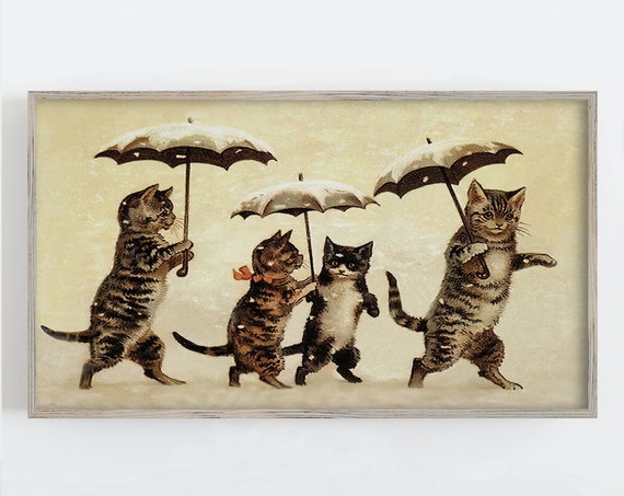 Cats With Umbrellas, Snow Cat Family Art Print