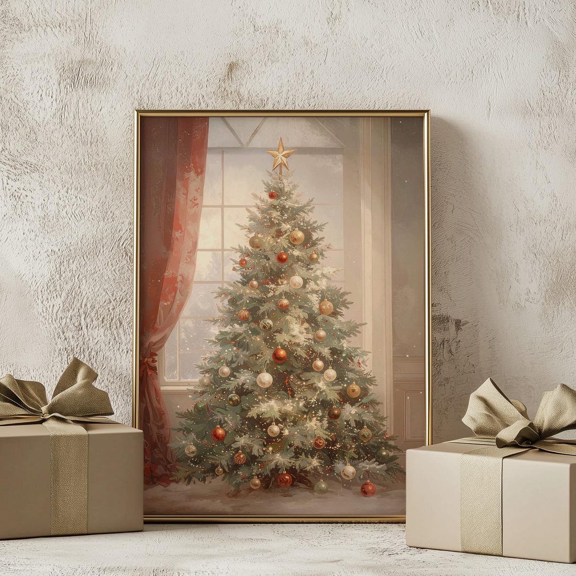 Vintage Christmas Tree by Window with Red and Gold Ornaments Poster