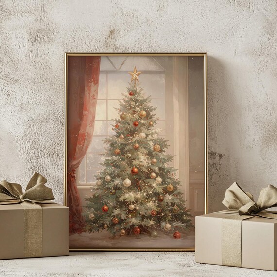 Vintage Christmas Tree by Window with Red and Gold Ornaments Poster