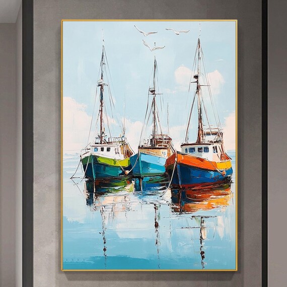 Colorful Fishing Boats Harbor Reflections Blue Water Nautical Poster