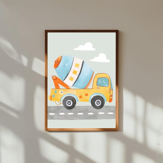 Cement Mixer Truck Nursery Print Playful Construction Vehicle Art