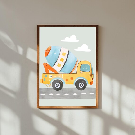 Yellow Cement Mixer Truck Cartoon Playful Construction Nursery Wall Art