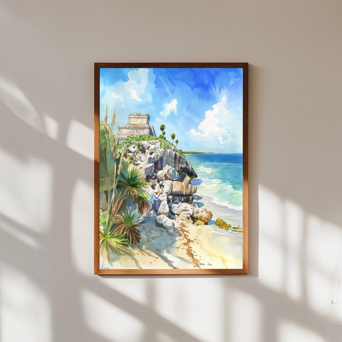 Tulum Mexico Mayan Ruins Caribbean Beach Watercolor Art Poster