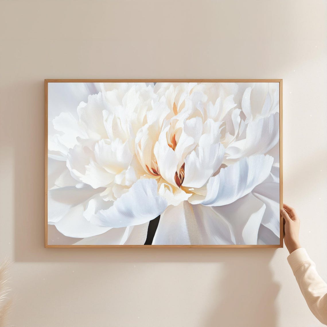 White Peony Floral Print Minimalist Botanical Wall Art Framed Canvas Option