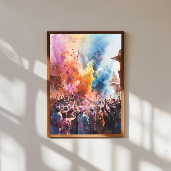 Holi Festival Watercolor Color Celebration India Powder Crowd Wall Art