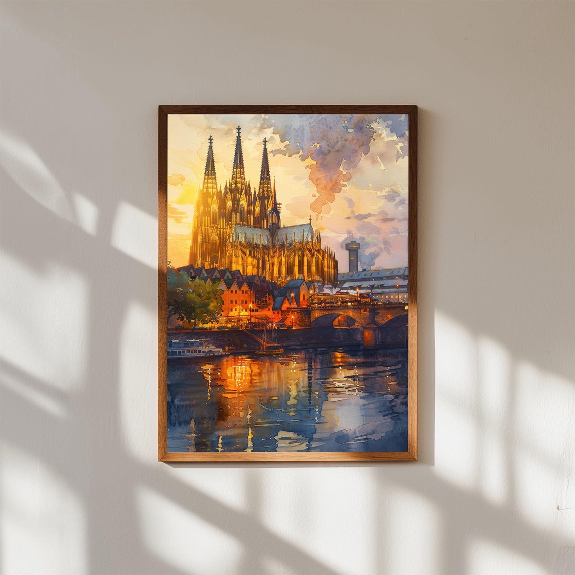 Cologne Cathedral Rhine River Golden Sunset Watercolor Poster