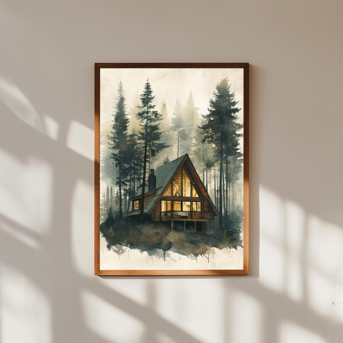 A Frame Cabin at Dusk in Misty Pines Warm Windows Watercolor Print