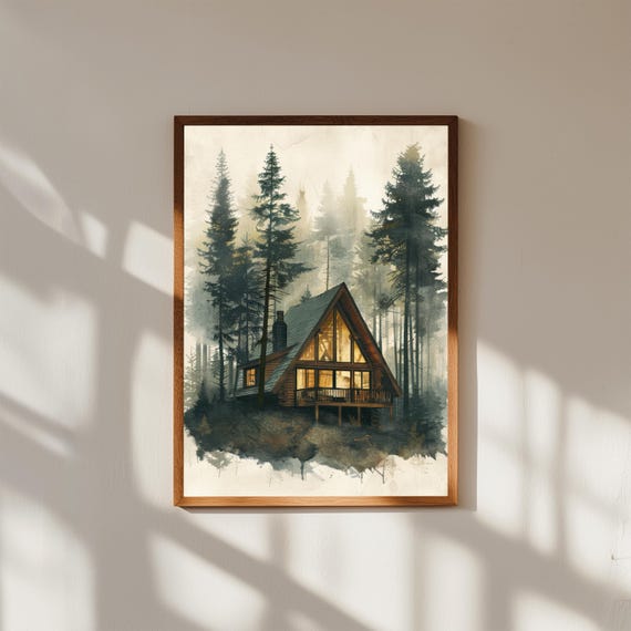 Aframe Cabin Print Rustic Pine Forest Architectural Wall Art