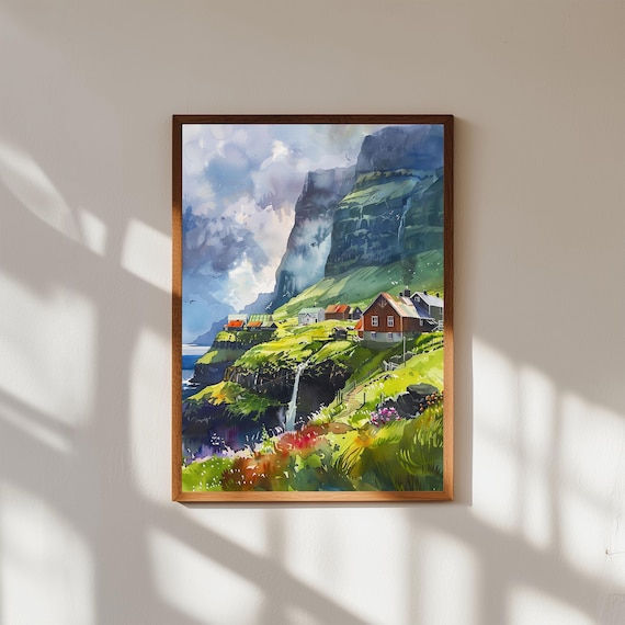 Faroe Islands Watercolor Nordic Coastal Village Cliffs Waterfall Poster
