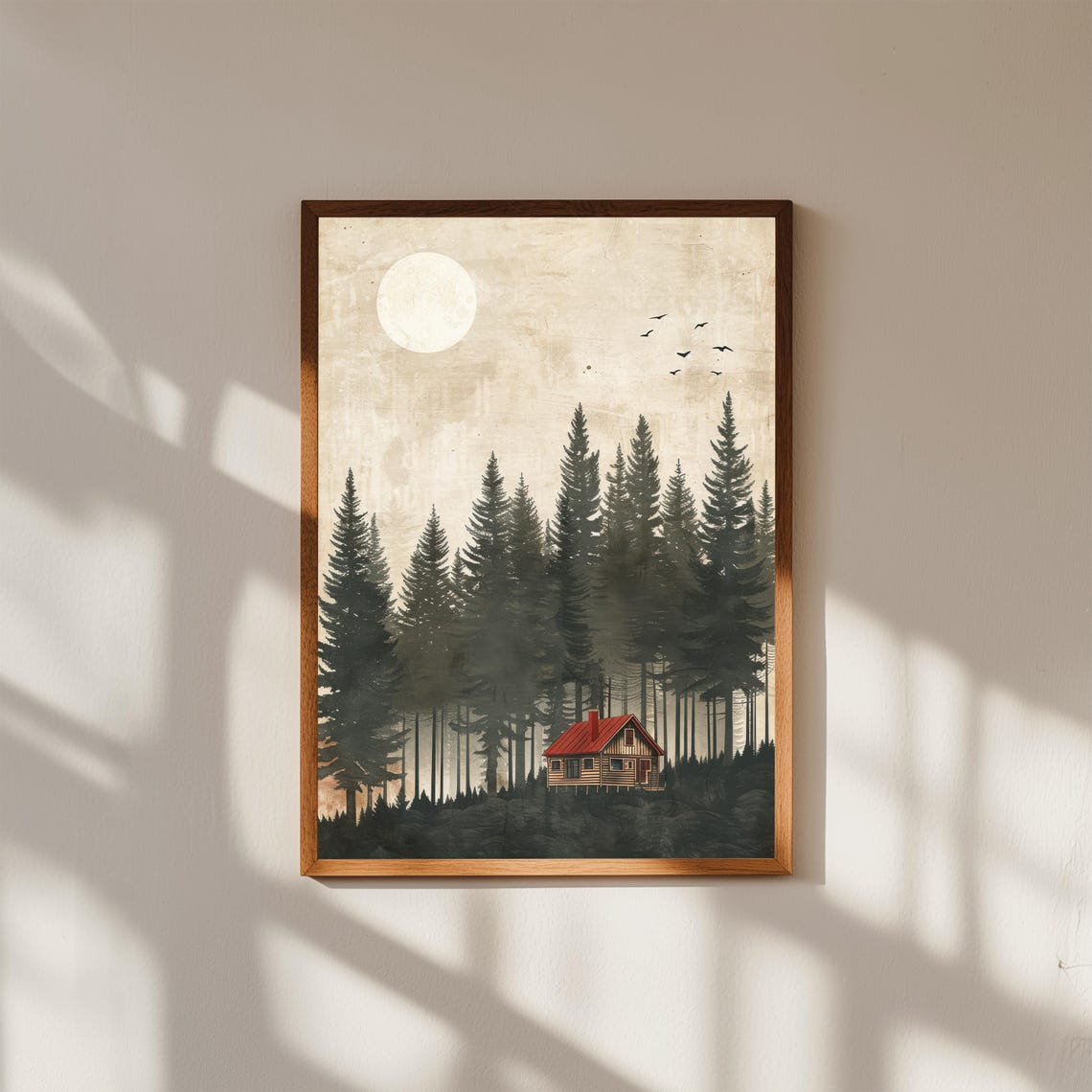 Red Roof Cabin Among Tall Pines Moonlit Scandinavian Forest Art Print