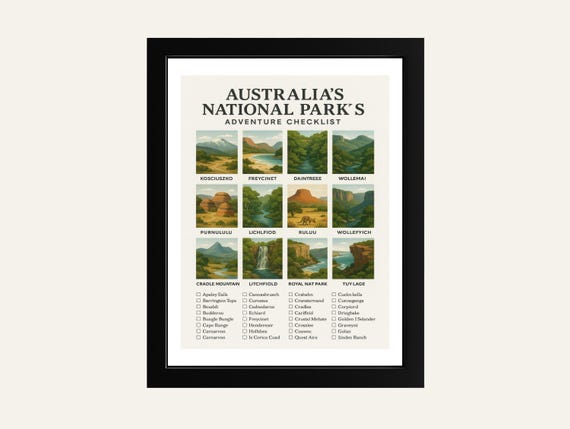Australia National Parks Checklist Poster Travel Bucket List Wall Art