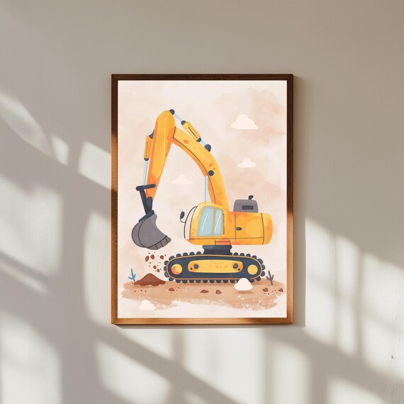 Yellow Excavator Cartoon Construction Vehicle Playful Nursery Wall Art