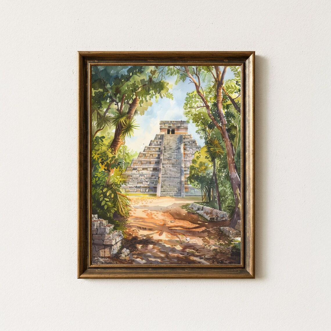 Chichen Itza Watercolor Art Print, Jungle Landscape