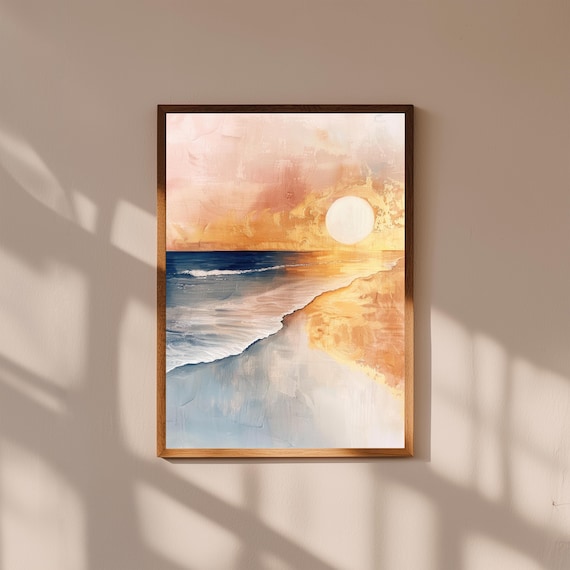 Coastal Sunset Beach Art Print Golden Sun Ocean Waves Warm Wall Decor
