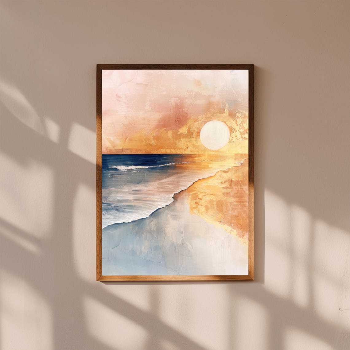 Coastal Sunset Beach Art Print Golden Sun Ocean Waves Warm Wall Decor