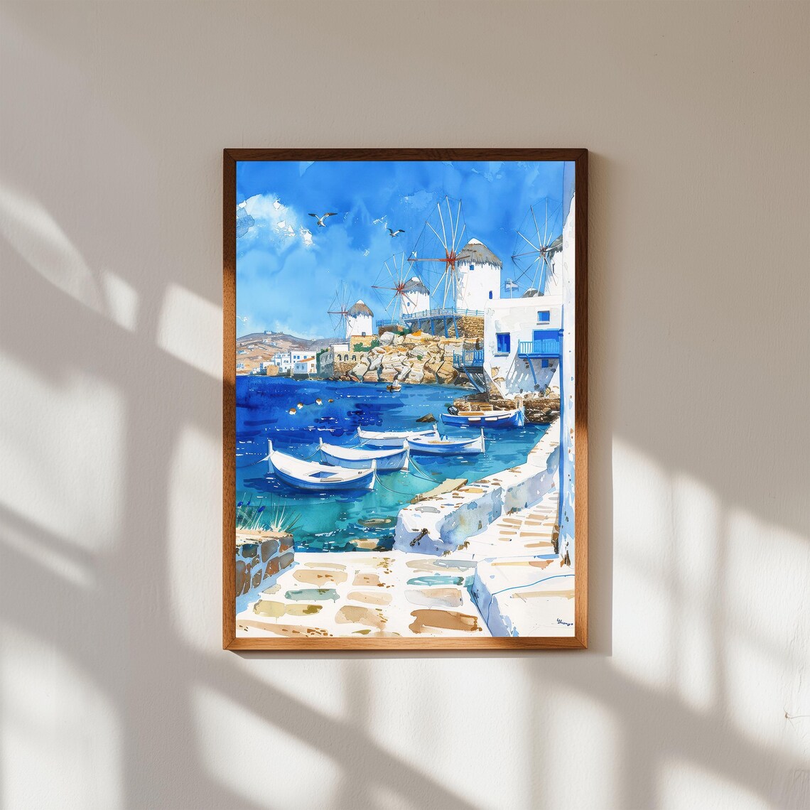 Mykonos Greece Island Windmills Harbor Boats Watercolor Wall Art