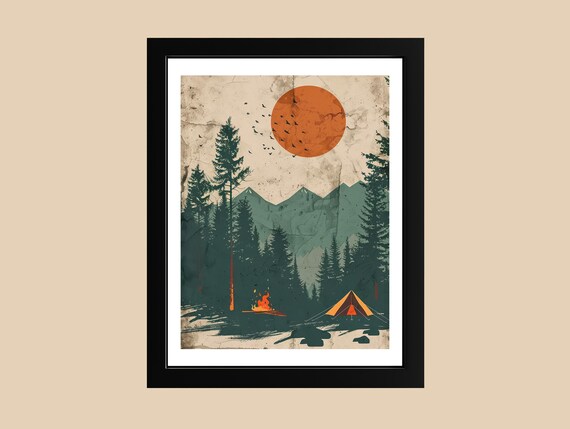 Retro Camping Tent Campfire Pines Mountain Vintage Adventure Poster