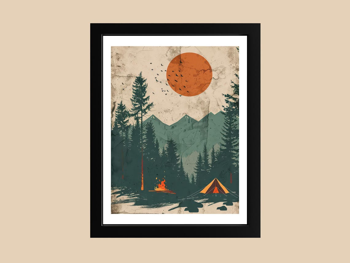 Retro Camping Wall Art With Tent Vintagestyle Outdoor Adventure Print Rustic Cabin Decor Nature Lover Gift Hike Camp Poster
